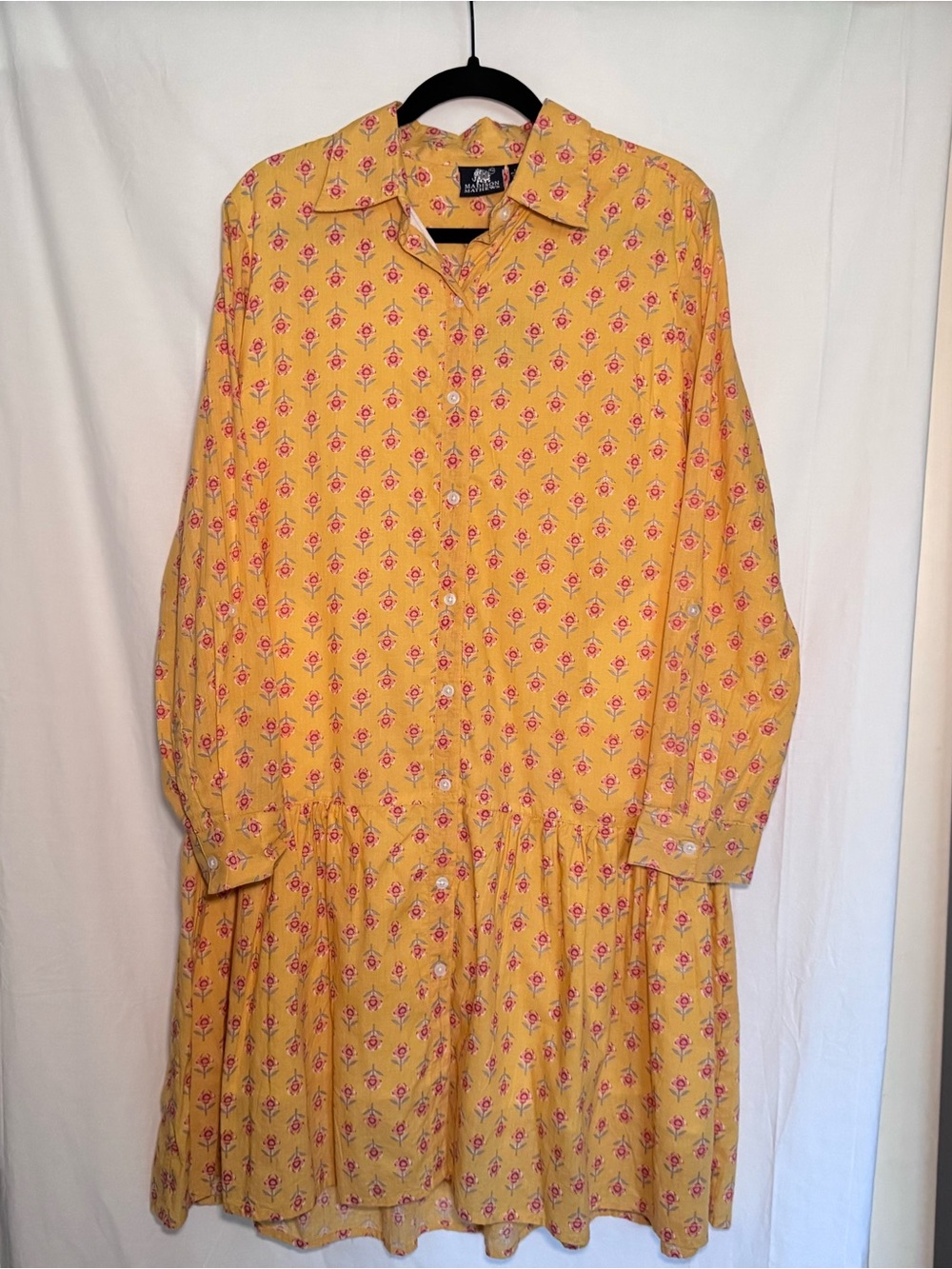 NWT Madison Mathews Yellow Floral Drop Waist Shirt Dress Cotton Size L